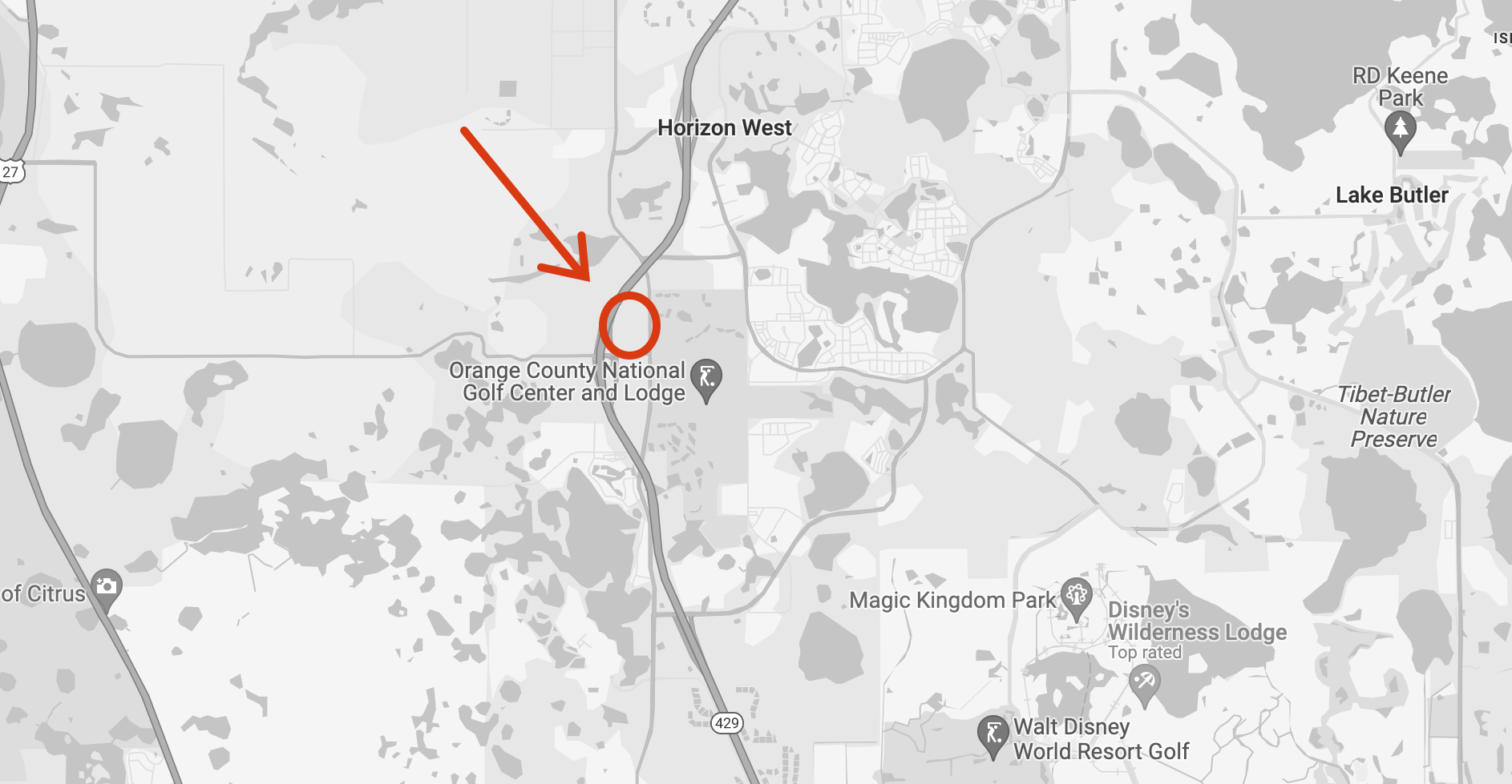 google map with red circle and arrow where surf park will be